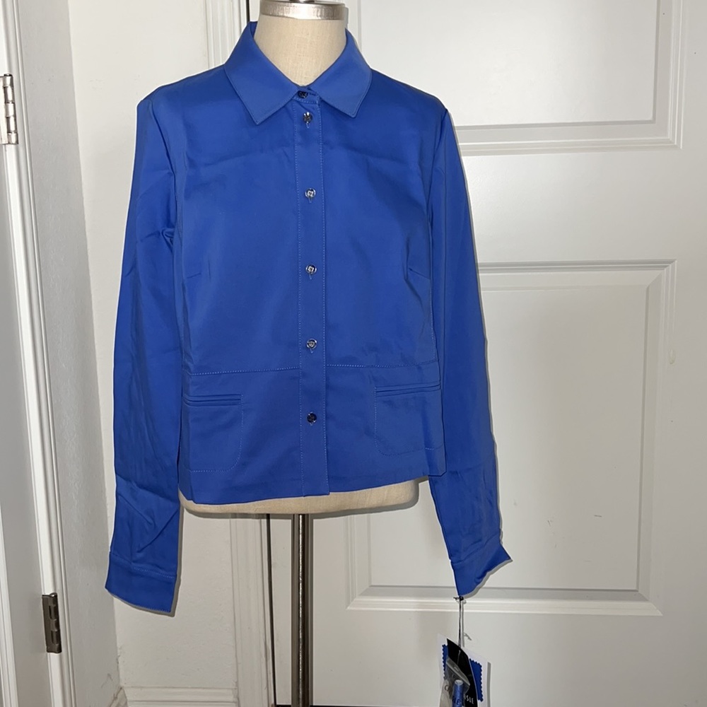 NWT Carlisle women's long sleeve button front blue blouse jacket Size 14